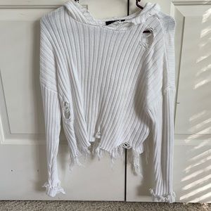 White ripped cropped hooded sweater